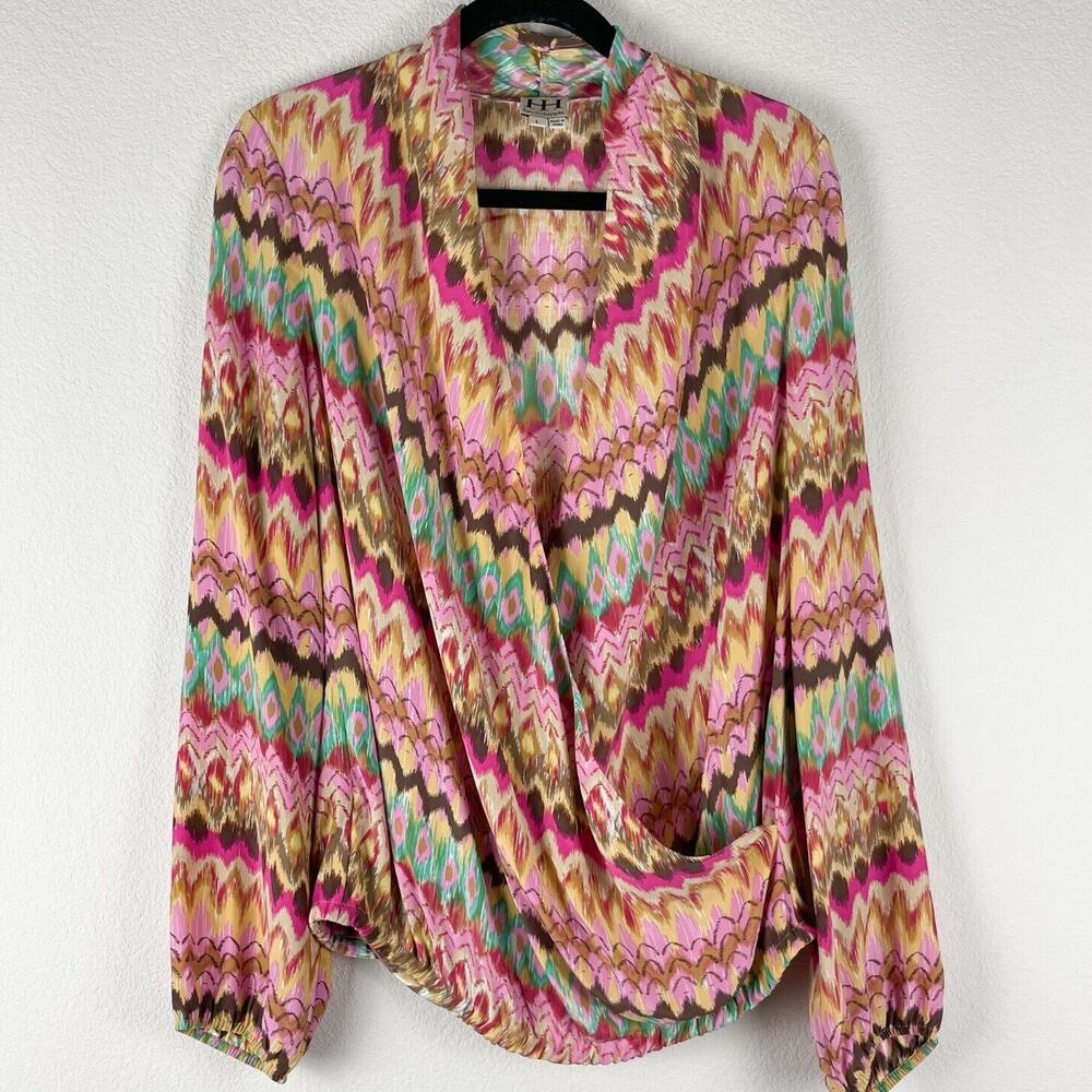 Haute Hippie Silk Top Womenβ Large Pink Faux Wrap Long Sleeve Aztec Boho